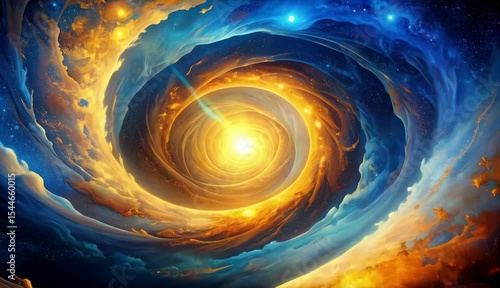 Celestial Vortex A swirling cosmic nebula with vibrant gold and blue hues Stunning abstract space art background