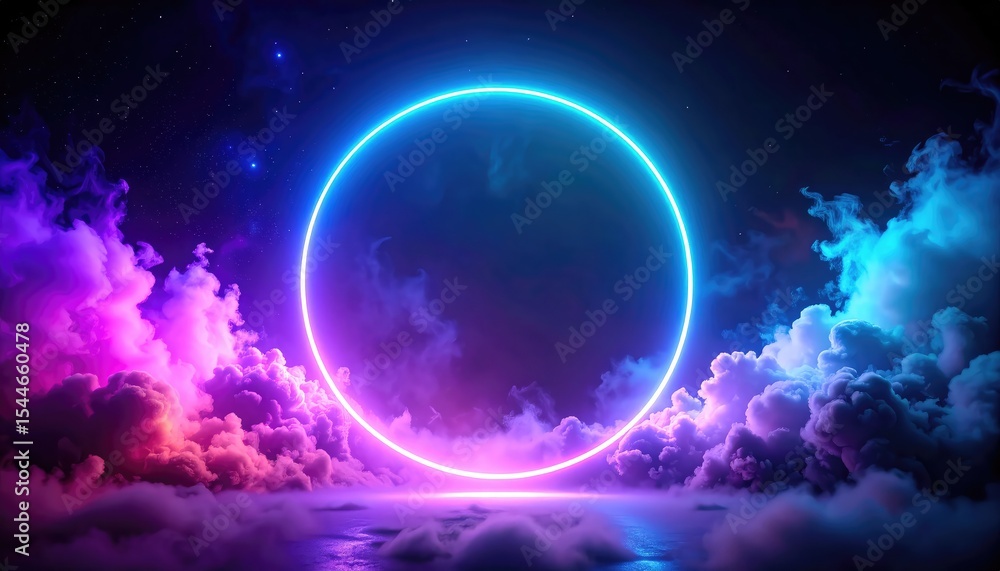 Neon Circle in a Dreamy Nightscape: Vibrant Clouds and Cosmic Glow Neon Circle in a Dreamy Nightscape: Vibrant Clouds and Cosmic Glow