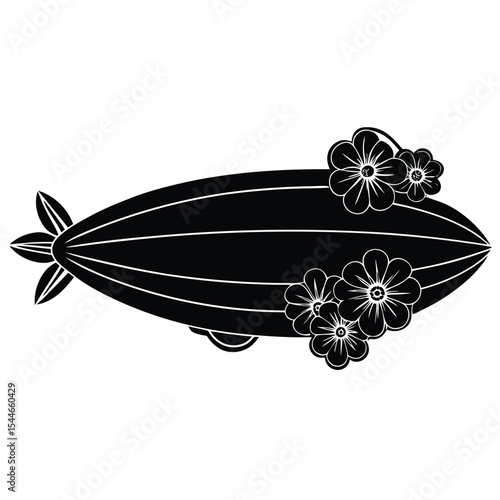 Zeppelin with various floral decoration stylish silhouette black vector art design