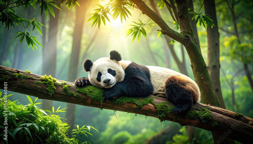 Obraz premium Peaceful Panda Napping: Serene Bamboo Forest Scene