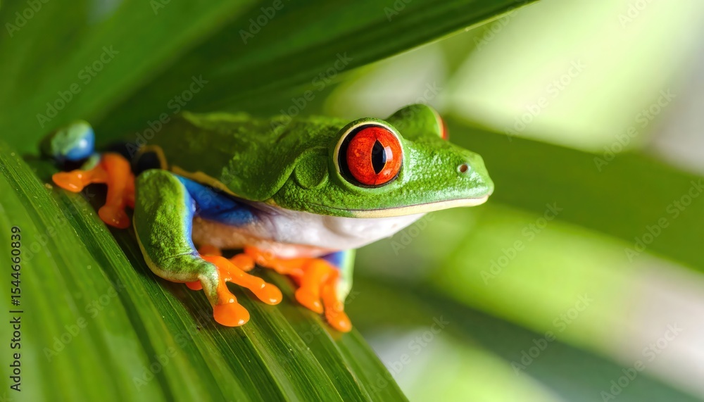 Obraz premium Red-Eyed Tree Frog on Lush Green Foliage: A Vibrant Close-Up
