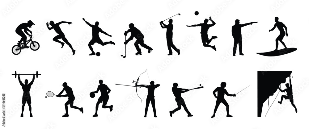 Set of athlete playing different sports isolated silhouettes in row collage vector collection. Set of athlete playing different sports isolated silhouettes in row collage vector collection.