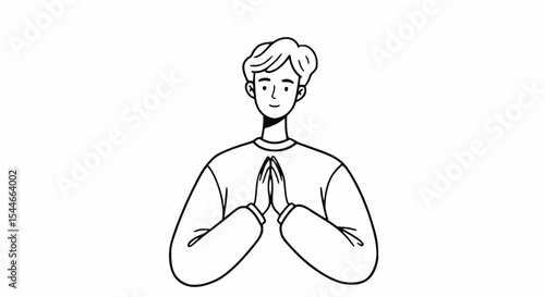 Line art of a young man with hands clasped in front, smiling slightly, showing respect or gratitude.