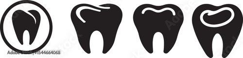 Four black and white tooth illustrations showing different stages of tooth decay and dental health