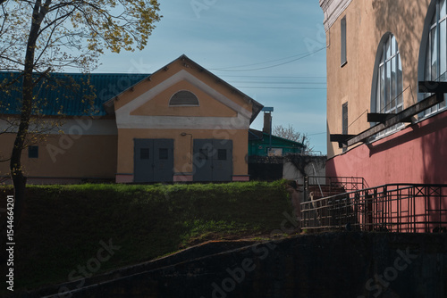 Dam of small hydroelectric power station, water discharge through locks