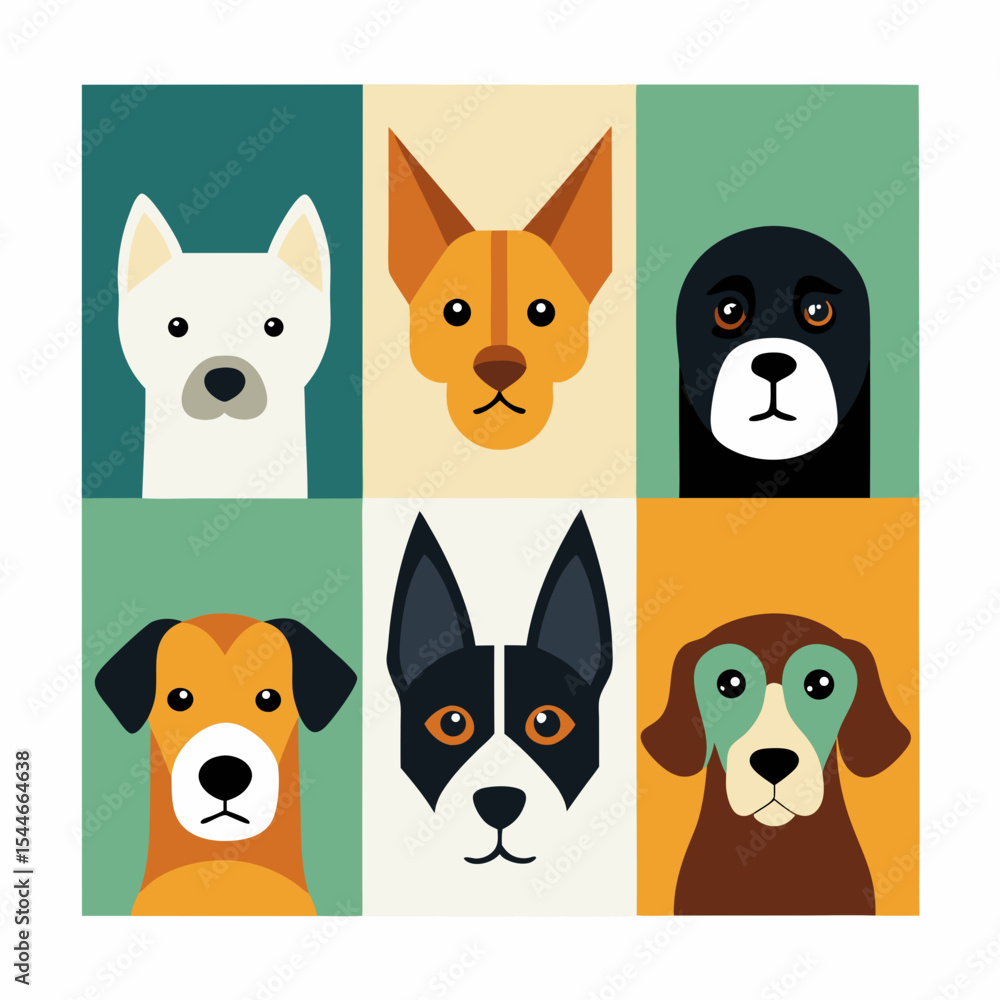 Fototapeta premium Six adorable dog breed portraits in flat design