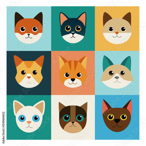 Nine adorable cat faces in a colorful grid