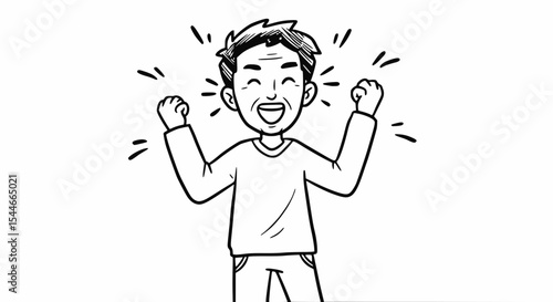 Line art of a happy mature man with fists raised in the air, celebrating with a wide smile and radiating energy lines.