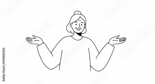 Line art of an older woman with a bun, smiling and shrugging with open palms.