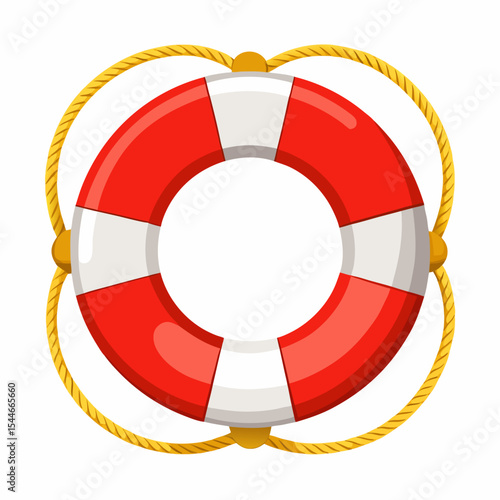 Clean and detailed vector illustration of a classic red and white lifebuoy ring wrapped with yellow rope, isolated on a white background