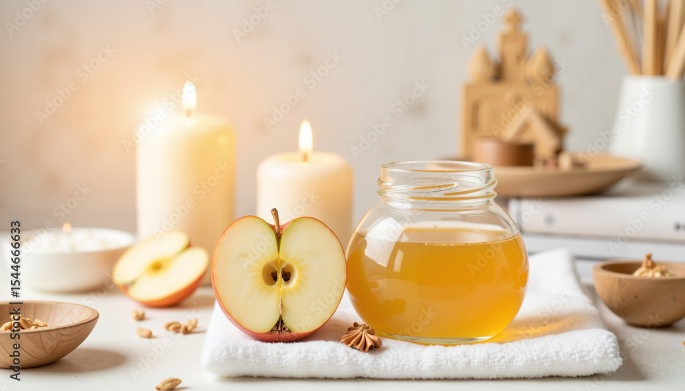 Fresh apple and honey in cozy setting with candles and walnuts Fresh apple and honey in cozy setting with candles and walnuts