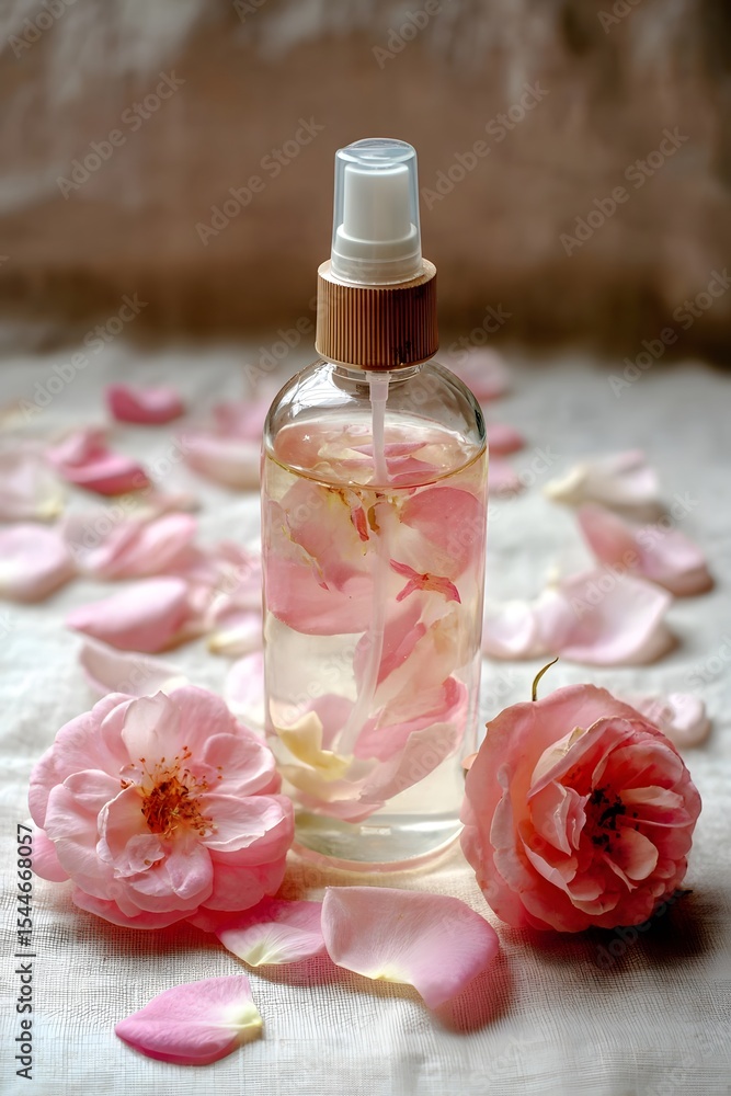 Glass bottle filled with rose petal-infused water surrounded by scattered pink petals on a soft surface Glass bottle filled with rose petal-infused water surrounded by scattered pink petals on a soft surface