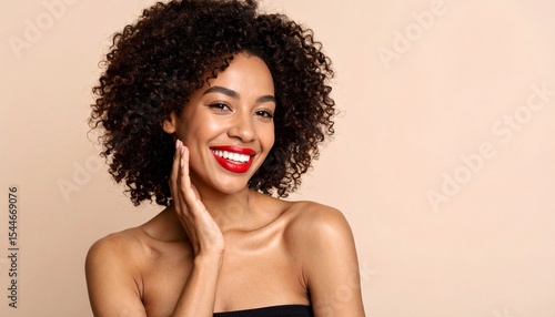 A dark-skinned woman with afro hairstyle and bold red lips, smiling confidently. Clean pastel background with left-side copy space. Celebration of diverse beauty.