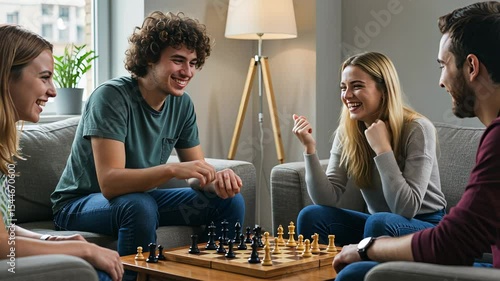 Four young adults laughing and interacting while playing chess in a living room, social gathering concept footage.
