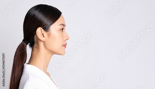 Side profile of an Asian woman with sleek ponytail, light makeup, and glowing skin. Right side empty with copy space. High-end beauty editorial look.
