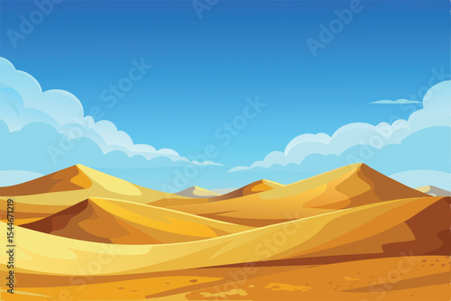 Desert landscape with sand dunes and blue sky. Vector illustration