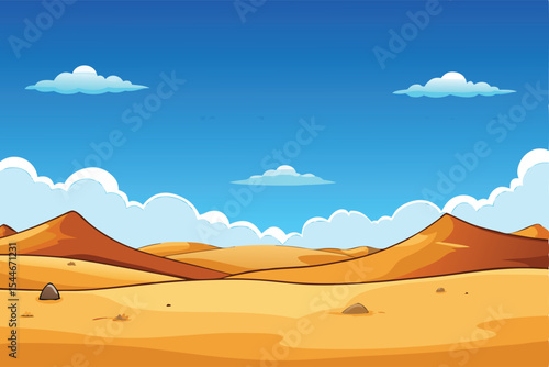 Illustration of a cartoon desert landscape with clouds on a blue sky