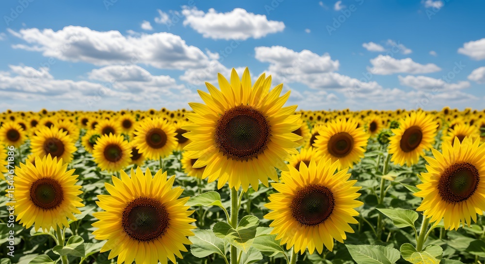 Vibrant Sunflower Field Under a Blue Sky with Fluffy Clouds on a Sunny Day Vibrant Sunflower Field Under a Blue Sky with Fluffy Clouds on a Sunny Day