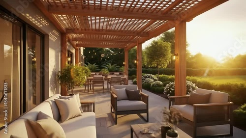 Cozy outdoor patio seating area with wooden pergola and sunset landscape view