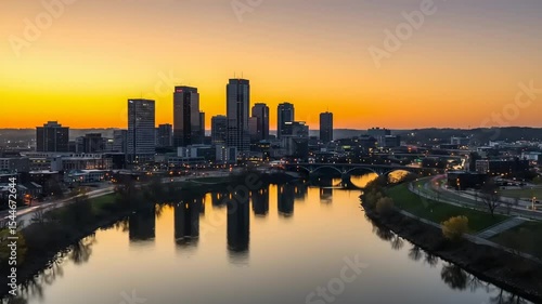 Wallpaper Mural Aerial view of Des Moines Iowa cityscape at sunrise reflecting in Des Moines River Torontodigital.ca