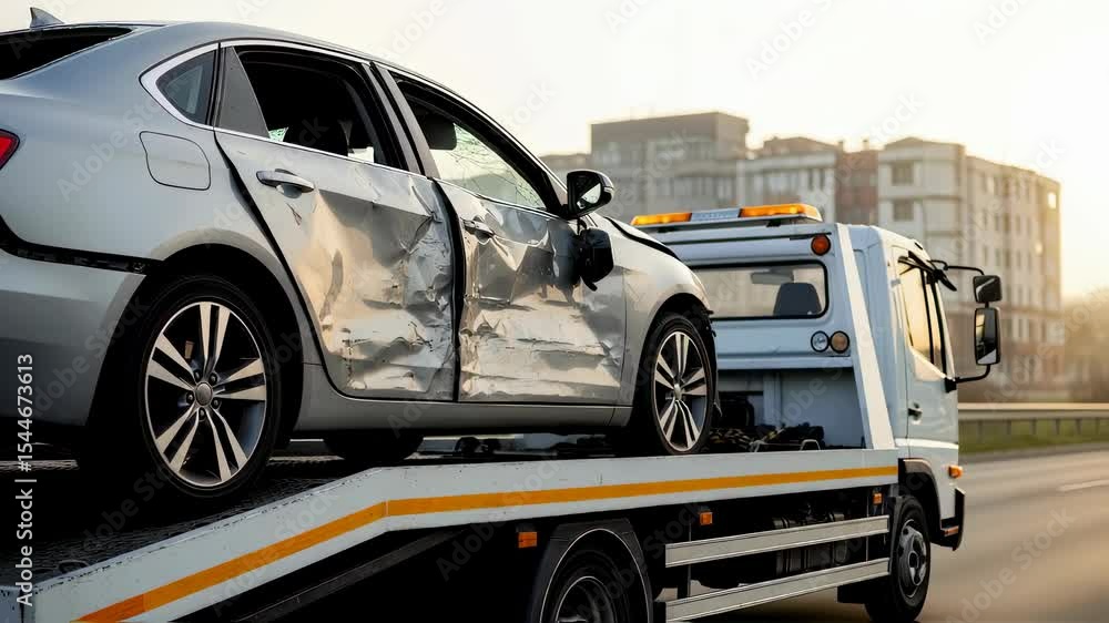 Damaged silver car on tow truck transporting vehicle with wrecked doors and broken mirror down highway at sunset, footage.