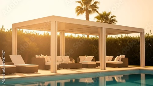 Relaxing outdoor poolside lounge area with modern pergola and sunset lighting ambiance