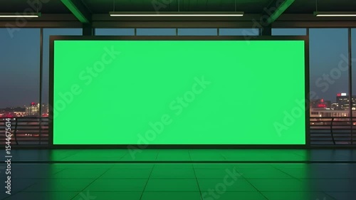 Green Screen Display in Modern Office with City View at Night