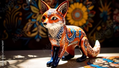 Vibrant Hand Painted Fox Figurine Art Decor Intricate Design Folk Art Animal Statue