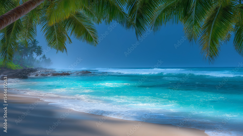 Vibrant beach scene with palm trees and turquoise water Vibrant beach scene with palm trees and turquoise water