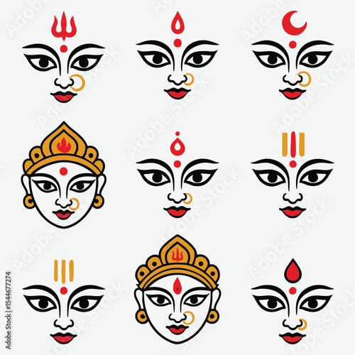 Collection of stylized illustrations of the goddess durga's face with various decorations