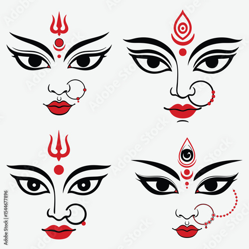 Vector illustration set of goddess durga face with traditional hindu religious art elements