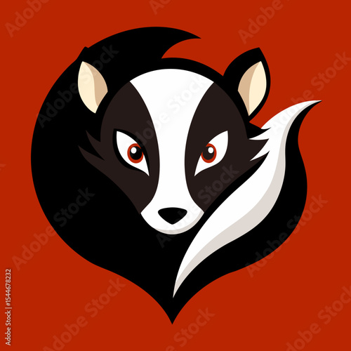 Striped skunk face with bushy tail illustration