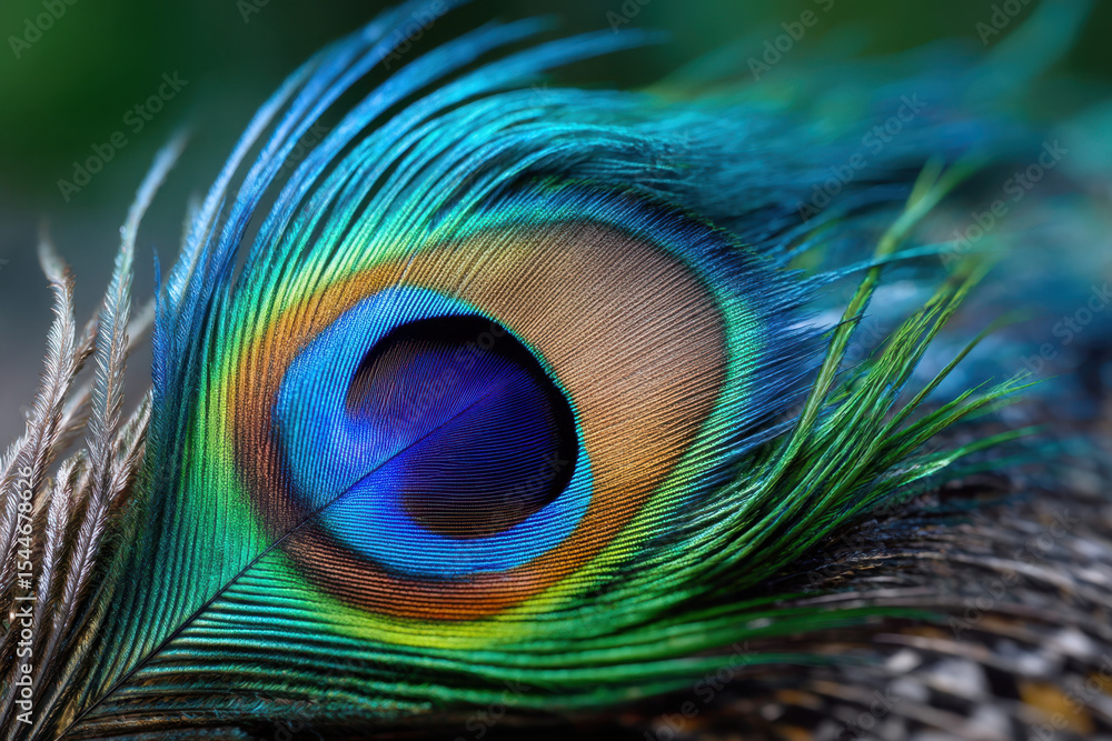 Obraz premium Peacock feather showcasing vibrant colors and intricate patterns in natural setting
