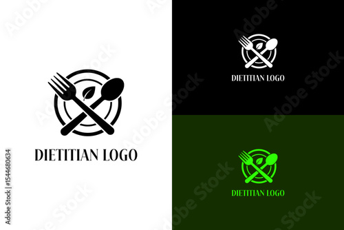 illustration of a plate with crossed fork and spoon and centered leaf, vector logo for diet plan, healthy eating, food, balanced diet, meal plan, keto, wellness, diet coaching, dietitian, and more