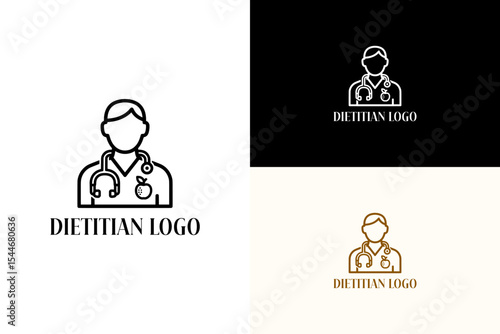 doctor wearing a stethoscope with an apple illustration, vector logo for nutritionist, fitness, wellness, healthy eating, diet plan, balanced diet, meal plan, dietitian, and more