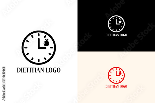clock with a small apple illustration, icon, minimalist, vector logo for nutritionist, diet plan, healthy eating, meal plan, keto, wellness, fitness, balanced diet, diet coaching, dietitian, and more