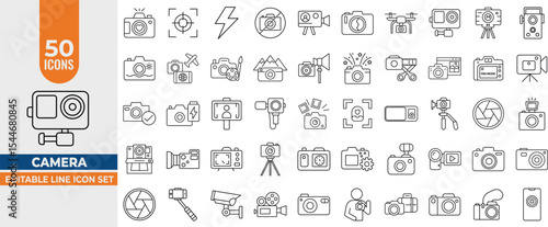 Camera Line Icon Set – Editable Vector Icons for Photography, Video, Lens, and Media Devices. Editable Stroke. Vector illustration