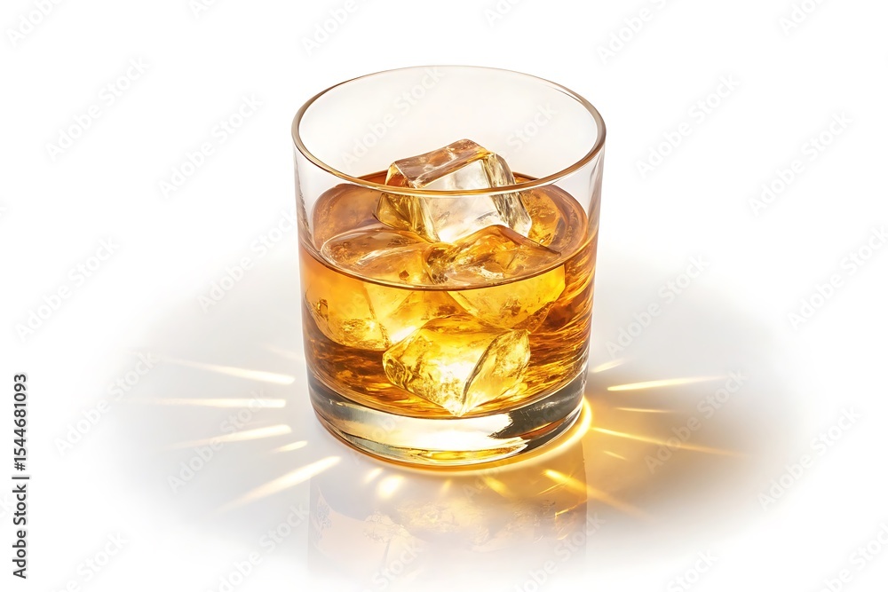 Golden Hour Whiskey A Crystal Glass of Amber Spirit with Ice Cubes Golden Hour Whiskey A Crystal Glass of Amber Spirit with Ice Cubes