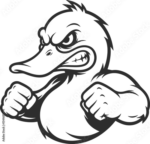 Logo of a fighting duck with fists, icon of an angry duck with clenched fists in the form of a silhouette in black color.