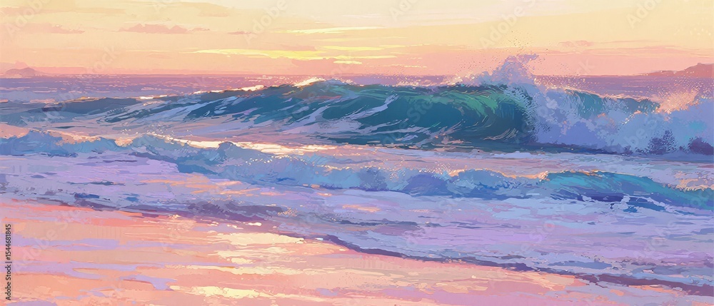 Fototapeta premium Sunset Over the Ocean: Waves Crashing on the Shore
