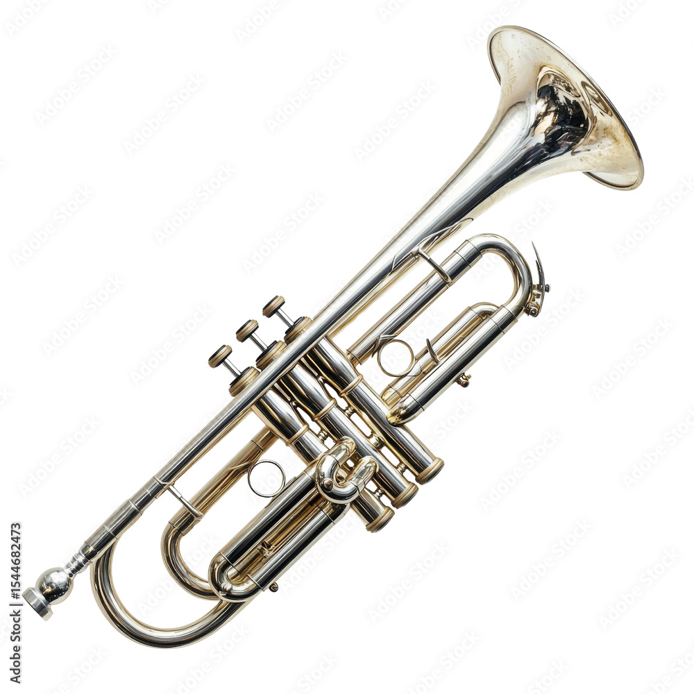 shiny silver trumpet with intricate valves and polished bell, perfect for music enthusiasts and performers. This brass instrument is ideal for orchestras and bands shiny silver trumpet with intricate valves and polished bell, perfect for music enthusiasts and performers. This brass instrument is ideal for orchestras and bands