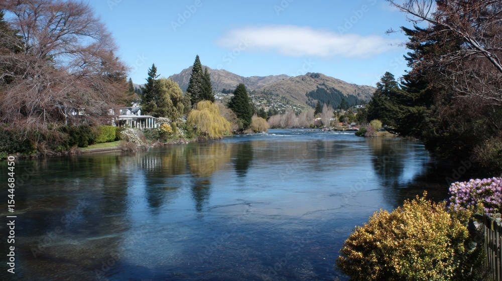 Fototapeta premium Beautiful River Flowing Gently Through a Serene Landscape in New Zealand With Lush Trees and Distant Mountains on a Sunny Day