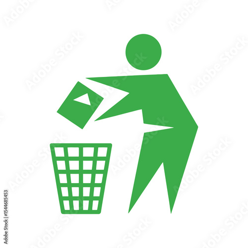 Green icon depicting a person throwing trash into a recycling bin on white background