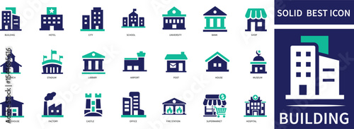  Building Icon Set Real Estate, Office, Apartment, City Structures.