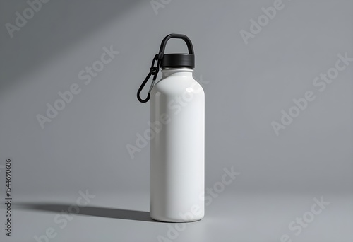 Minimalist White Metal Water Bottle with Black Cap and Carabiner on Gray Background