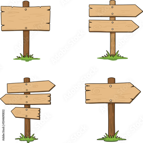 Set of Four Rustic Cartoon Wooden Signposts and Arrow Signs, Blank Wood Direction Boards on Poles, Vintage Style Information Pointers, Isolated on White Background for Text.