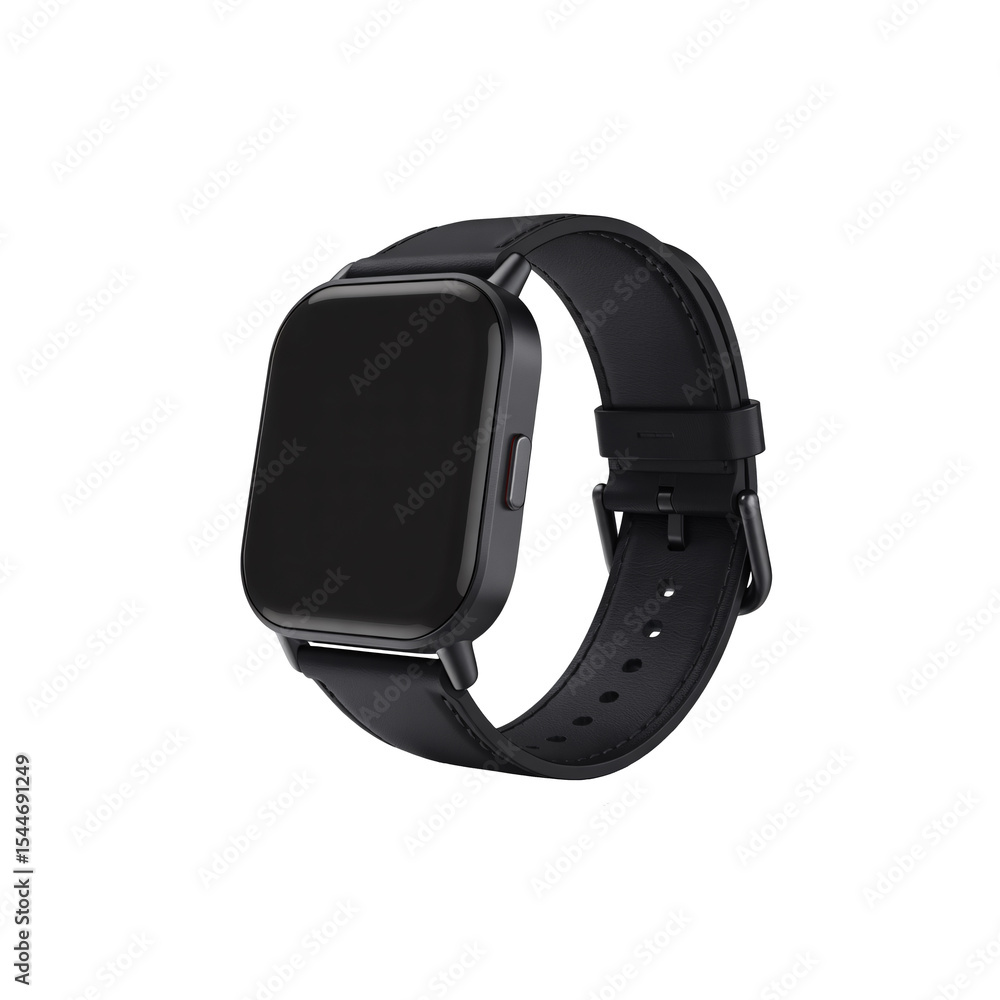 Sleek Black Smartwatch with Leather Strap Modern Technology Wristwatch Design, transparent background Sleek Black Smartwatch with Leather Strap Modern Technology Wristwatch Design, transparent background