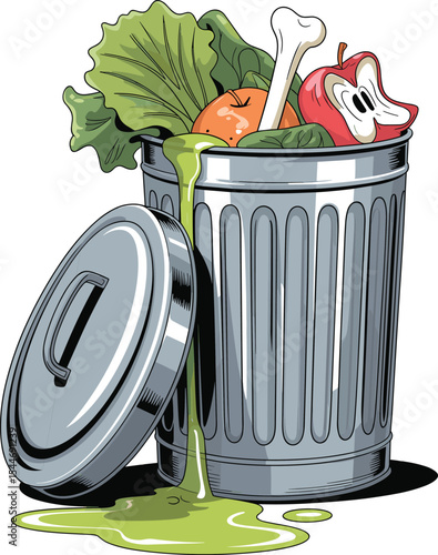 Overfilled Metal Trash Can with Rotting Food Waste and Spilled Green Liquid, Garbage Bin Full of Organic Refuse, Unsanitary Illustration of Discarded Scraps, Isolated on White Background.