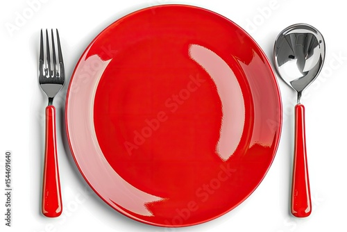 red plate with fork, spoon, knife isolated on white background, white file