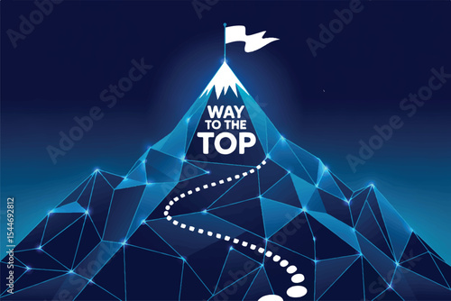 Navigating the Ascent: A symbolic depiction of ambition and the journey toward achieving goals, where a mountain, a path and a flag converge, inviting viewers to embark on their own triumphant quest.